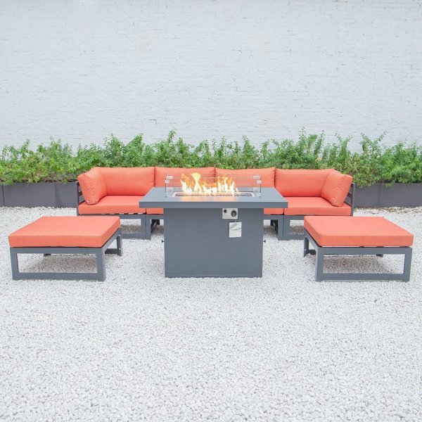 Leisuremod Chelsea 7-Piece Patio Ottoman Sectional And Fire Pit Table Black Aluminum With Orange Cushions CSFOBL-7OR